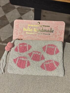 Handmade Pink Beaded Travel Pouch - Pink and White